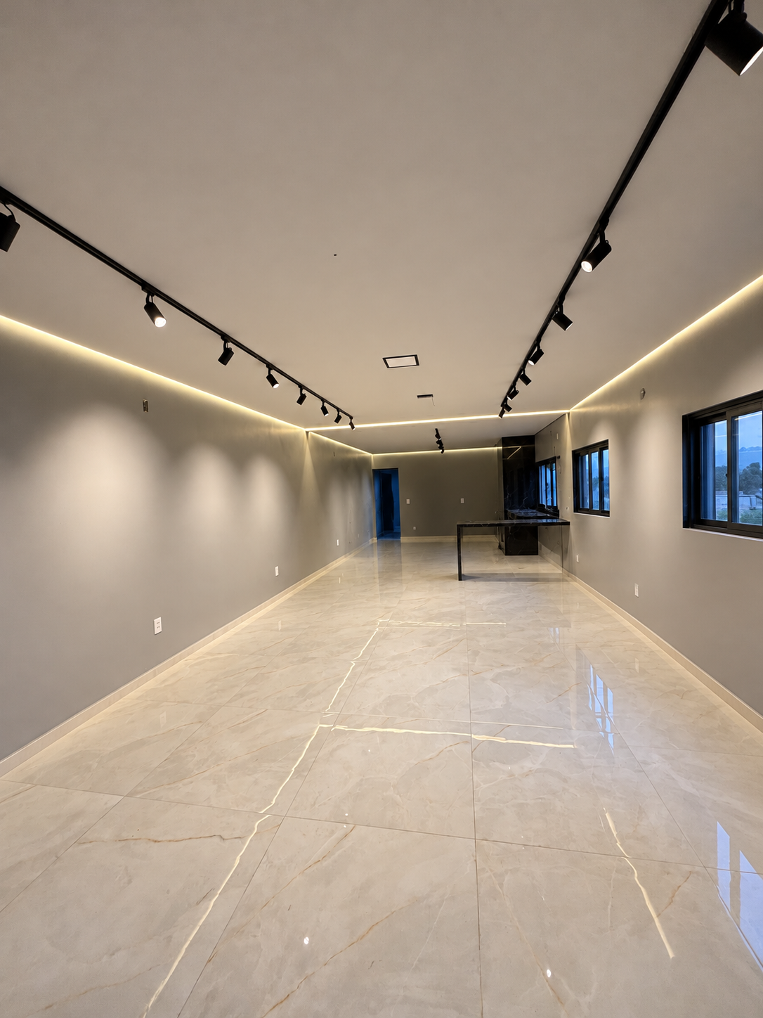 Vista do ambiente com pintura cinza, trilhos de spots e iluminação perimetral em LED da TM Soluções